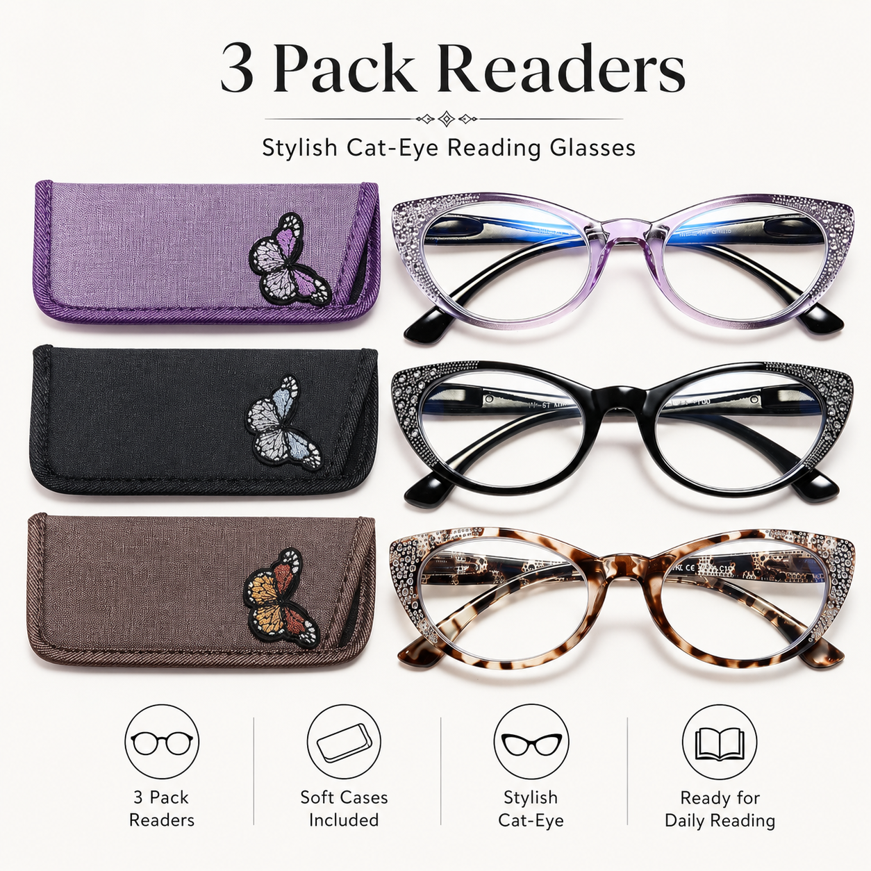 EYEURL Cat Eye Reading Glasses 3-Pack – Blue Light Blocking Computer Readers for Women, Rhinestone Frame Design, Anti UV & Anti Glare Eyeglasses