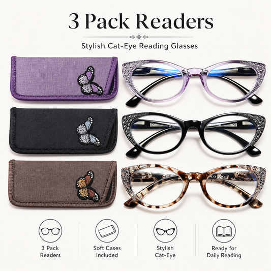 EYEURL Cat Eye Reading Glasses 3-Pack – Blue Light Blocking Computer Readers for Women, Rhinestone Frame Design, Anti UV & Anti Glare Eyeglasses
