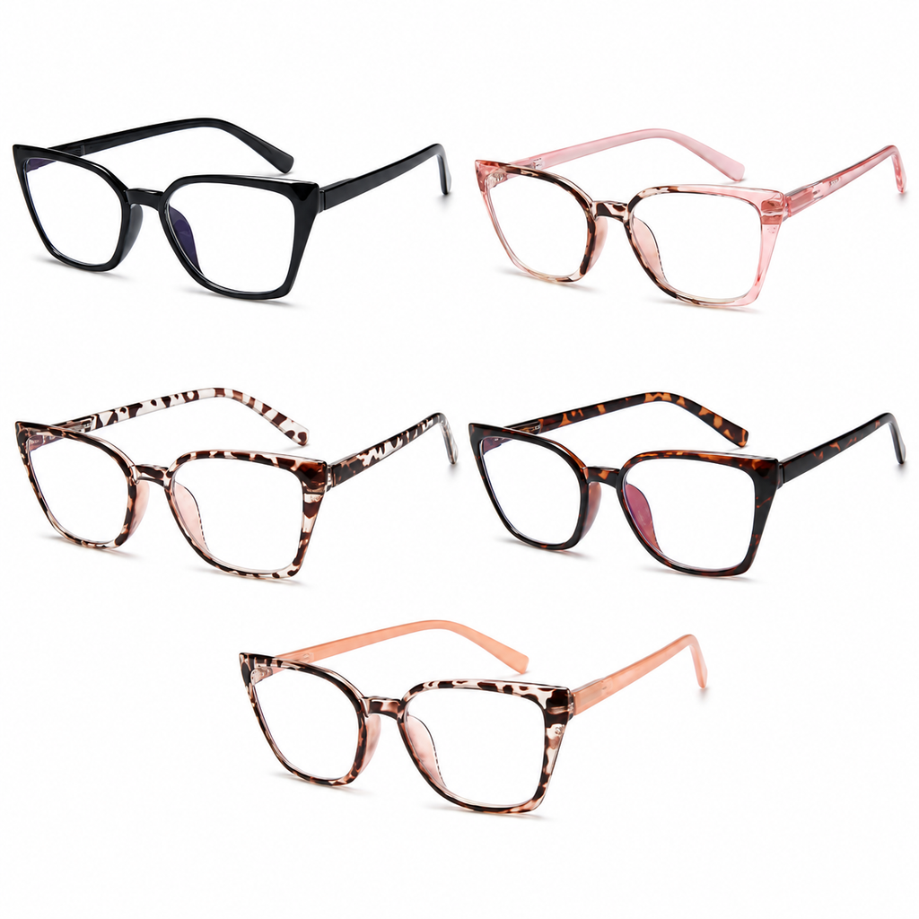 EYEURL 5-Pack Cat Eye Reading Glasses for Women – Fashionable Blue Light Blocking Reading Glasses with Square Frames, Spring Hinges & Magnification