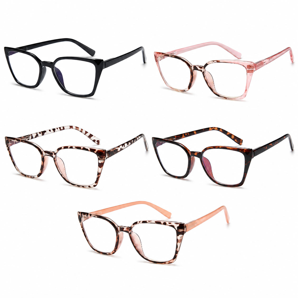 EYEURL 5-Pack Cat Eye Reading Glasses for Women – Fashionable Blue Light Blocking Reading Glasses with Square Frames, Spring Hinges & Magnification