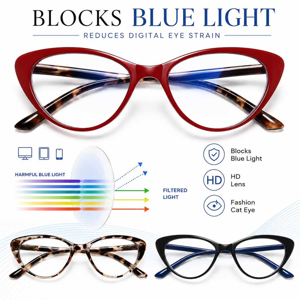 EYEURL Blue Light Blocking Cat Eye Reading Glasses for Women – 4 Pack Computer Readers, Anti-Glare Stylish Eyewear with Clear Vision