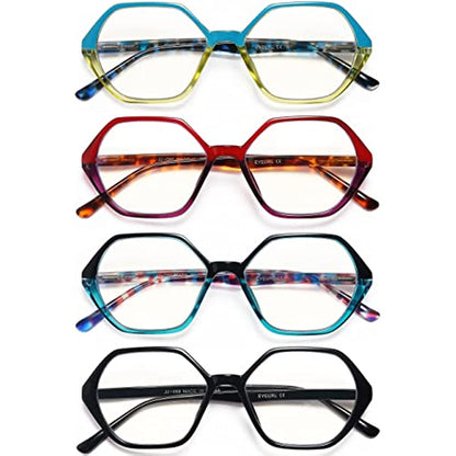 EYEURL 4-Pack Reading Glasses Blue Light Blocking,Reading Glasses Vintage Design Diamond-Shaped Frame Spring Hinge Readers for Women Men Anti Glare Filter Lightweight Eyeglasses,1.0