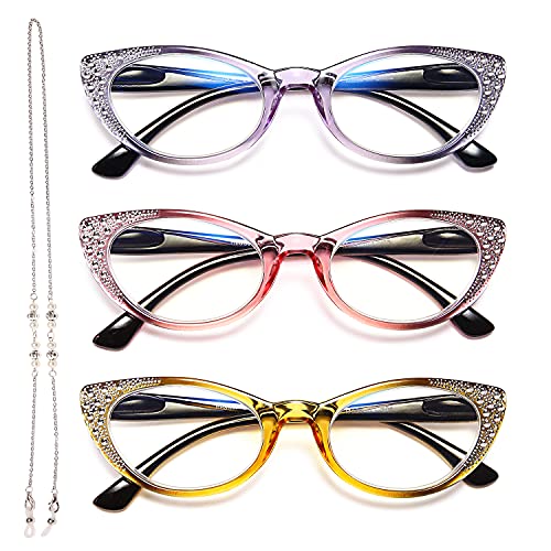 Cat Eye Reading Glasses for Women Blue Light Blocking -EYEURL 3 Pack Computer Readers with Spring Hinge Eyeglasses Anti Glare UV Rays