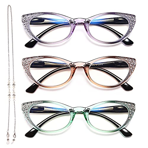 Cat Eye Reading Glasses for Women - 3 Pack Blue Light Blocking Computer Readers with Spring Hinges, Lightweight Frames by EYEURL