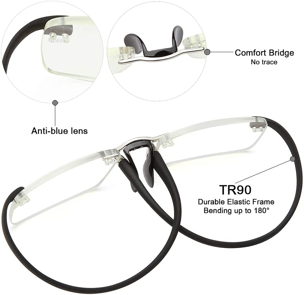Rimless Reading Glasses Men&Women - Anti UV Glare Lens Small Fun Stylish Black Frameless Folding Computer Reading Glasses