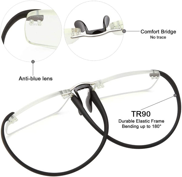 Rimless Reading Glasses Men&Women - Anti UV Glare Lens Small Fun Stylish Black Frameless Folding Computer Reading Glasses