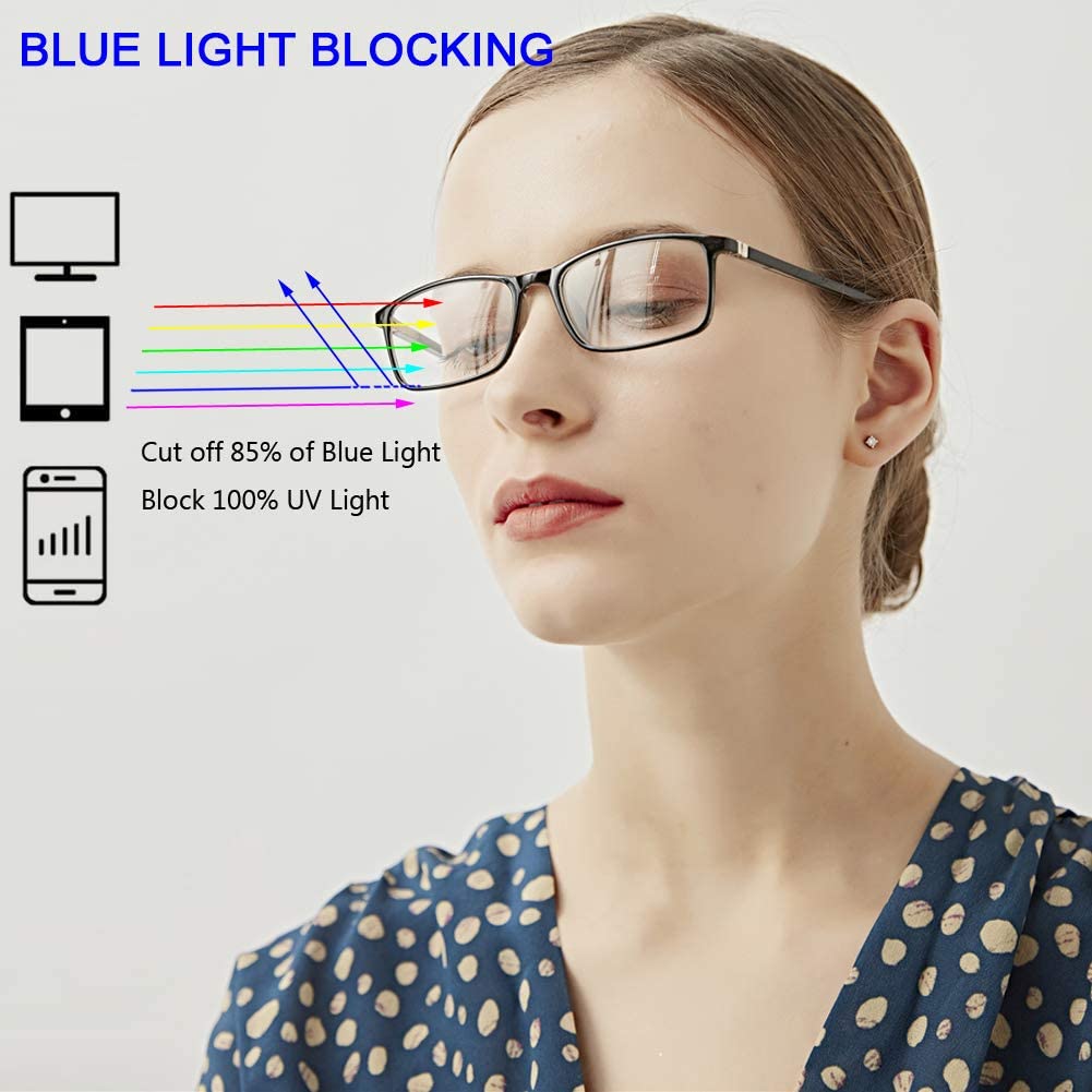 Reading Glasses Blue Light Blocking - 2 Pack Rectangle Frame Computer Readers  Women Men Spring Hinge Arms Lightweight Comfortble