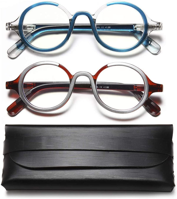 Blue Light Blocking Reading Glasses - 2 Pack Retro Round Computer Glasses with Spring Hinges, Ultra Lightweight, Double Color Frames for Eye Fatigue Relief