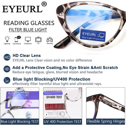 EYEURL 4-Pack Cat Eye Reading Glasses for Women- Blue Light Blocking Readers with Spring Hinges,Anti-Glare Reading Glasses