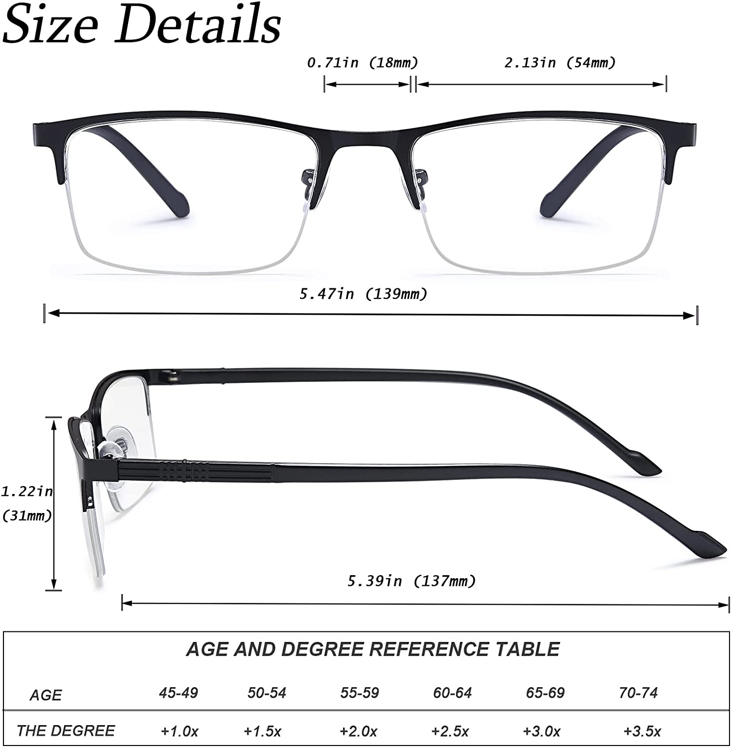 EYEURL 3 Pack Reading Glasses for Men and Women, Rectangular Metal Half Frame Blue Light Blocking Readers Anti Eyestrain 1.0