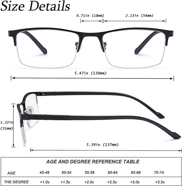 EYEURL 3 Pack Reading Glasses for Men and Women, Rectangular Metal Half Frame Blue Light Blocking Readers Anti Eyestrain 1.0