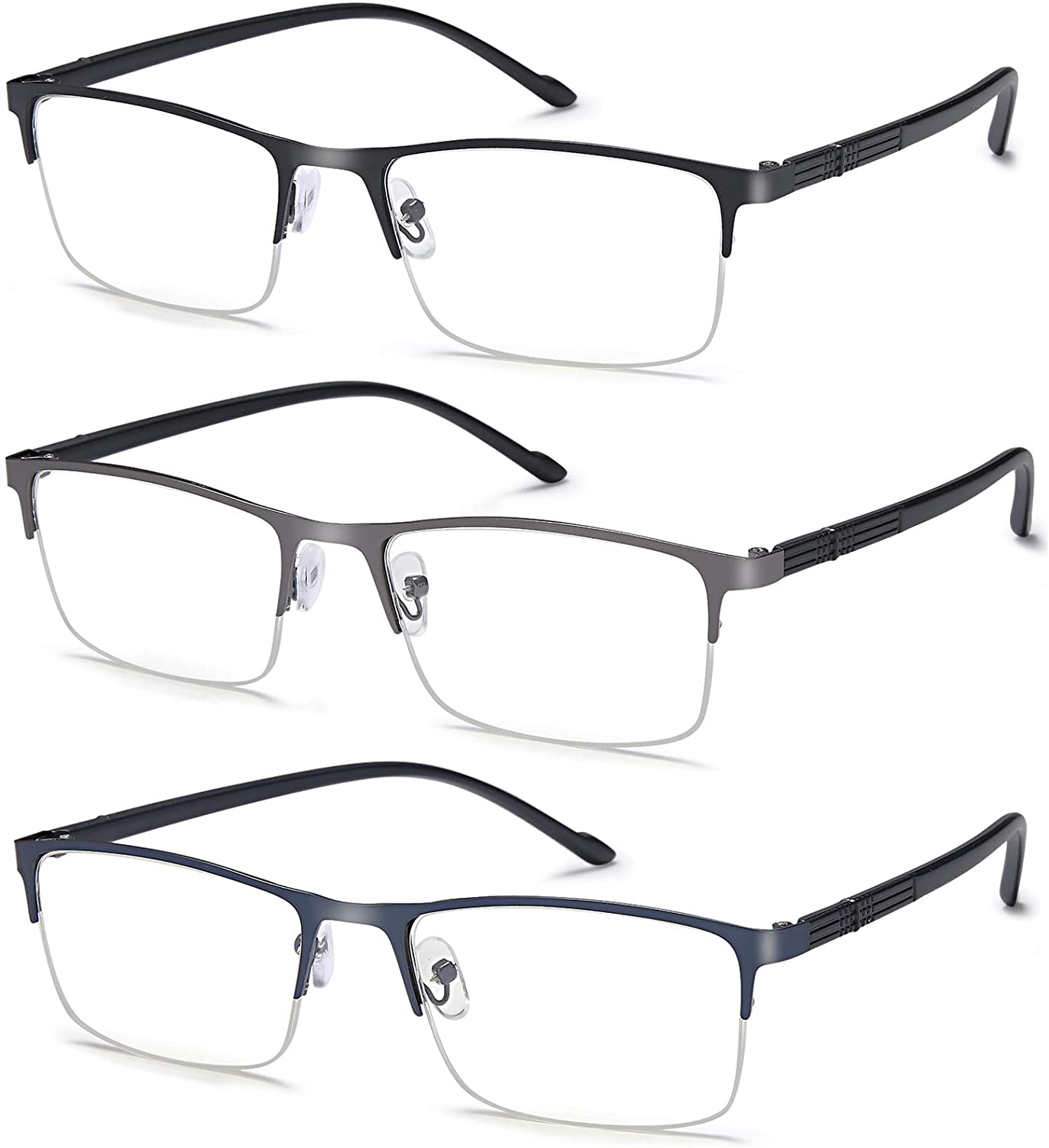 EYEURL 3 Pack Reading Glasses for Men and Women, Rectangular Metal Half Frame Blue Light Blocking Readers Anti Eyestrain Main image