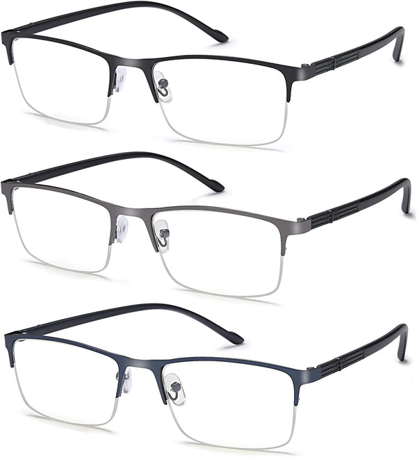 EYEURL 3 Pack Reading Glasses for Men and Women, Rectangular Metal Half Frame Blue Light Blocking Readers Anti Eyestrain 1.0