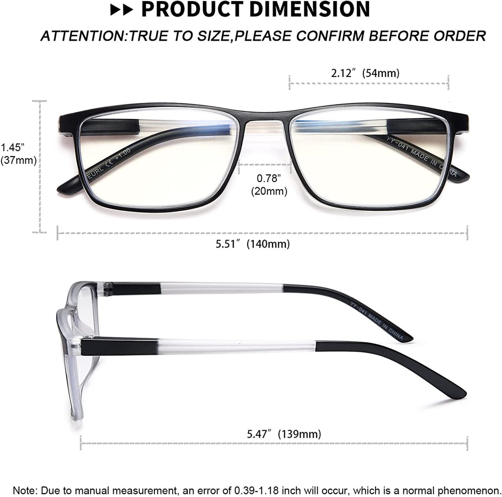 EYEURL 4 Pack Reading Glasses for Men and Women - Blue Light Blocking Readers with Spring Hinges - Anti Glare/UV Rays
