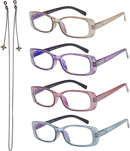 EYEURL 4 Pack Reading Glasses for Women, Blue Light Blocking Fashion Readers for Women Anti Eyestrain UV Ray Filter…