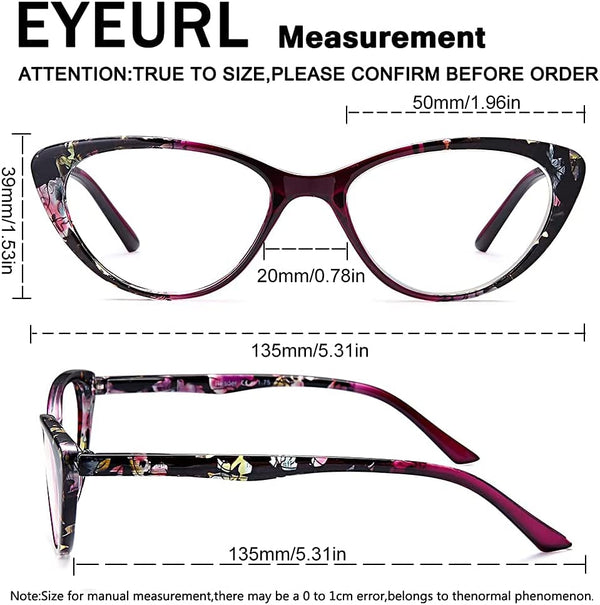 Cat Eye Reading Glasses for Womens -EYEURL 2 Pack of Computer Blue Light Blocking Readers +1.25 Spring Hinge Pattern Design Eyeglass Choose Your Magnification