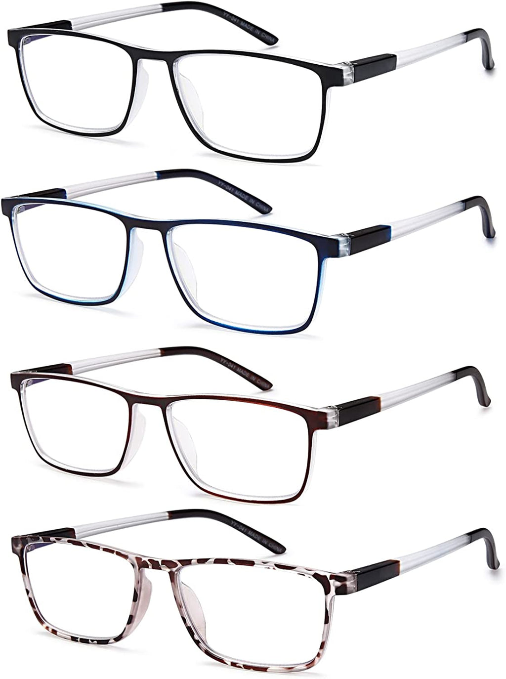 EYEURL 4 Pack Reading Glasses for Men and Women - Blue Light Blocking Readers with Spring Hinges - Anti Glare/UV Rays