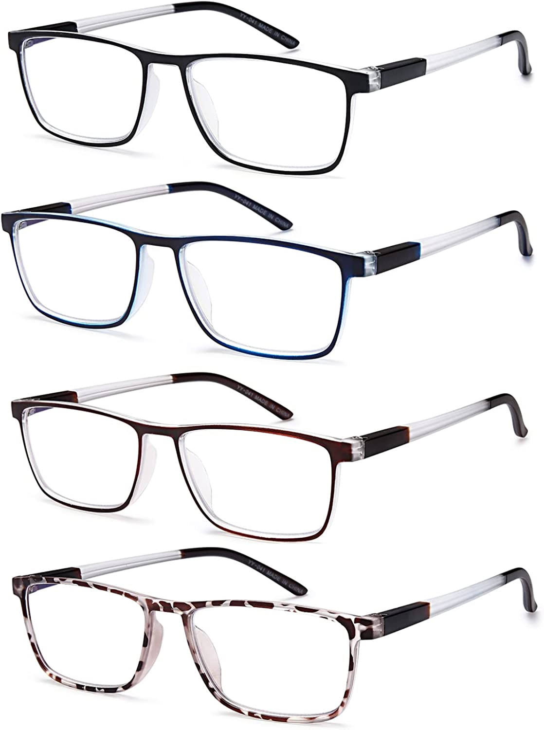 EYEURL 4 Pack Reading Glasses for Men and Women - Blue Light Blocking Readers with Spring Hinges - Anti Glare/UV Rays