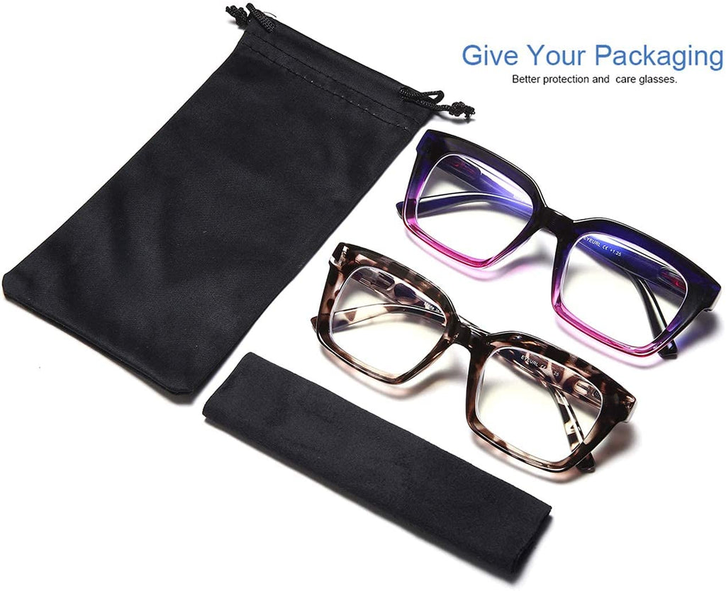 Reading Glasses Blue Light Blocking - 2 Pack Women Readers  Oprah Style Quality Computer Blue Eyeglass Oversized Square Spring Hinge Glare Blockers