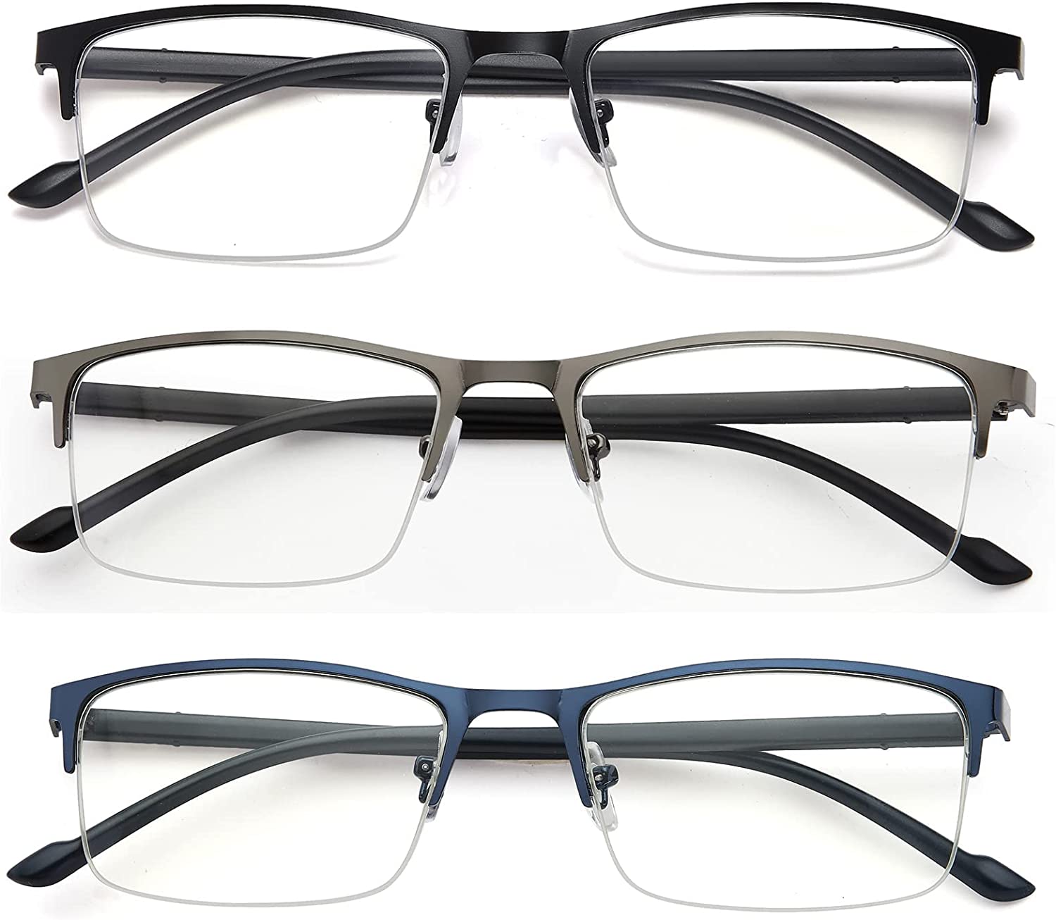 EYEURL 3 Pack Reading Glasses for Men and Women, Rectangular Metal Half Frame Blue Light Blocking Readers Anti Eyestrain 1.0