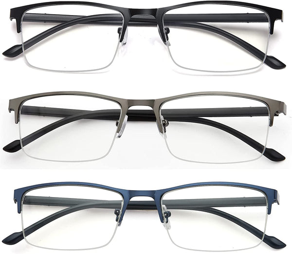 EYEURL 3 Pack Reading Glasses for Men and Women, Rectangular Metal Half Frame Blue Light Blocking Readers Anti Eyestrain 1.0