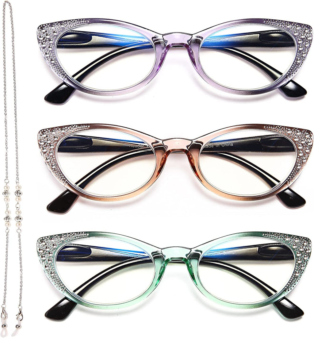 EYEURL Cat Eye Reading Glasses for Women - Blue Light Blocking 3 Pack Ladies Fashion Readers with Flexible Spring Hinges, Anti-Glare&UV Rays +1.50 Eyeglasses