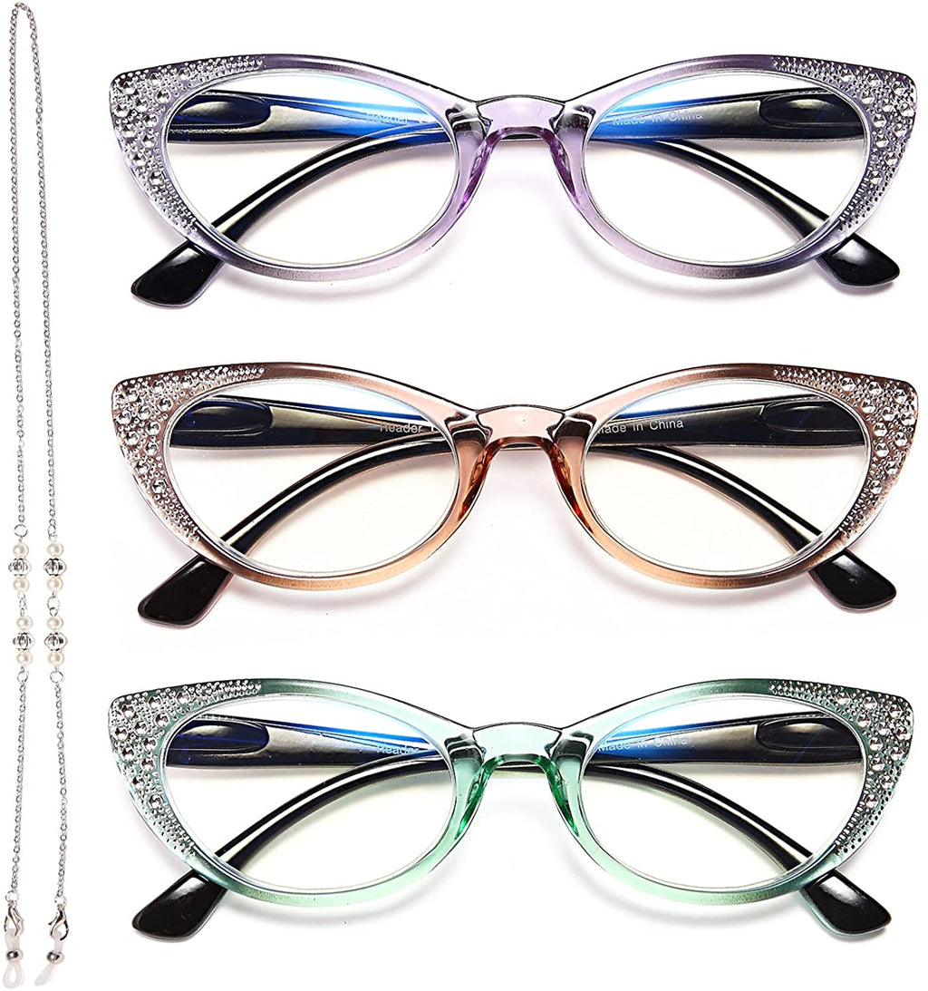 Cat Eye Reading Glasses Women Blue Light Blocking -EYEURL 3 Pack Computer Readers Spring Hinge Lightweight Frames
