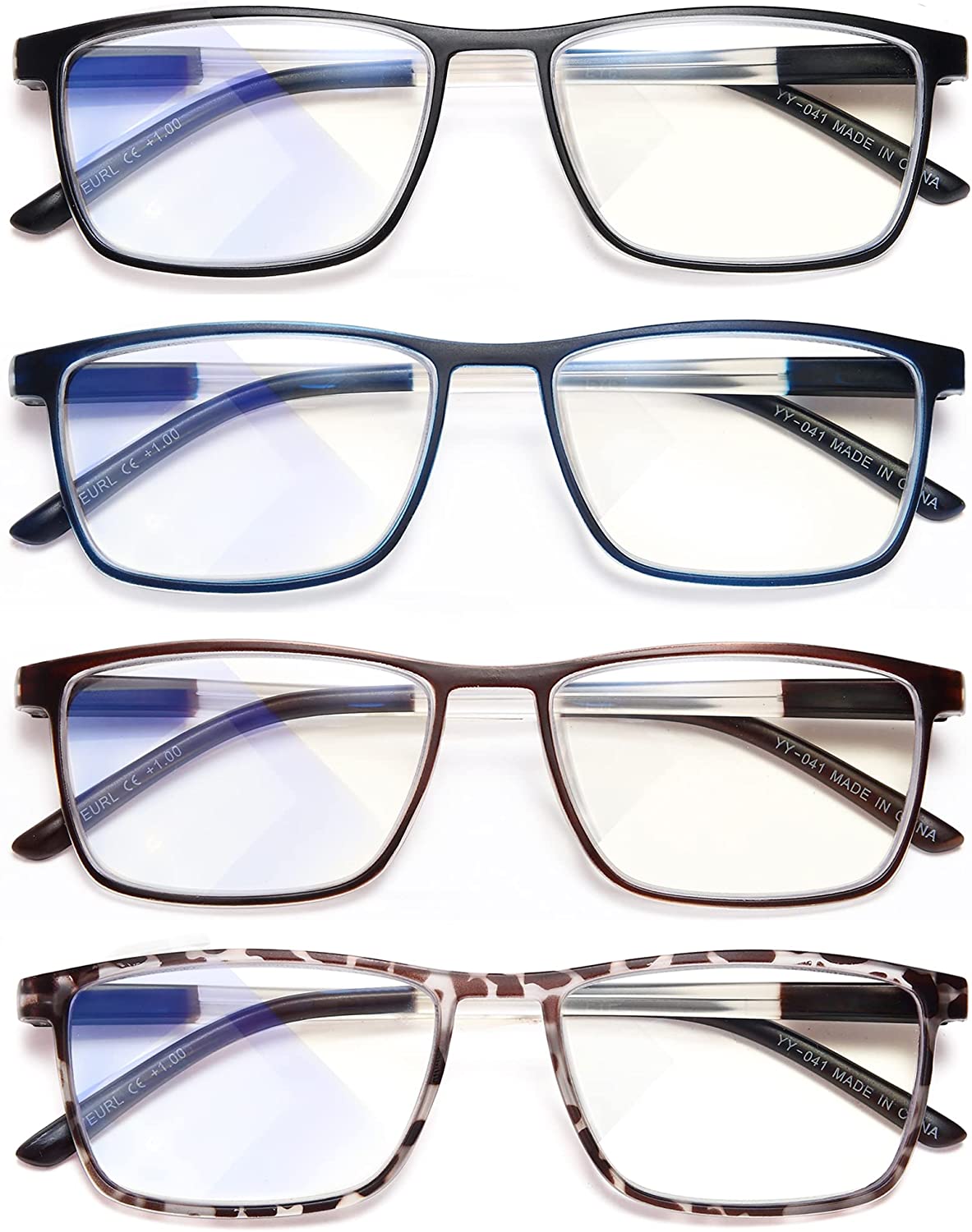 EYEURL 4 Pack Reading Glasses for Men and Women - Blue Light Blocking Readers with Spring Hinges - Anti Glare/UV Rays Main image