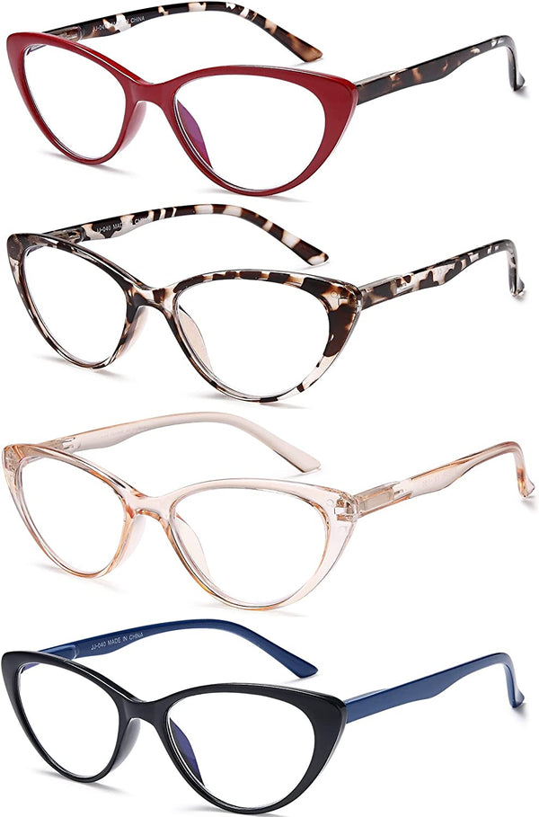 EYEURL 4-Pack Cat Eye Reading Glasses for Women- Blue Light Blocking Readers with Spring Hinges,Anti-Glare Reading Glasses