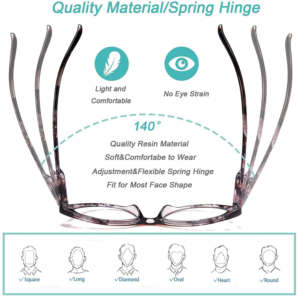 EYEURL 2 Pack Cat Eye Reading Glasses for Women - 1.25 Magnification, Blue Light Blocking Computer Readers, Ultra-Light with Spring Hinge, Stylish Pattern Design