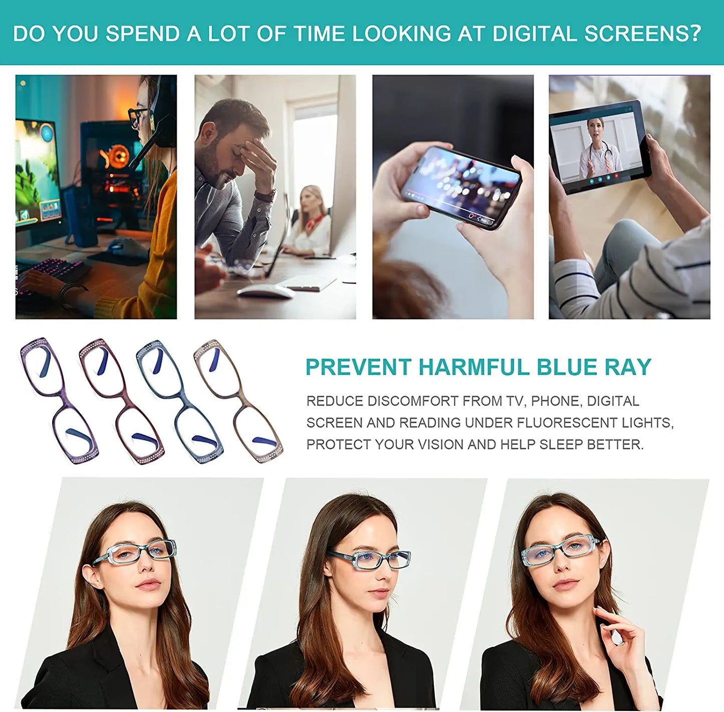 EYEURL 4 Pack Reading Glasses for Women, Blue Light Blocking Fashion Readers for Women Anti Eyestrain UV Ray Filter…