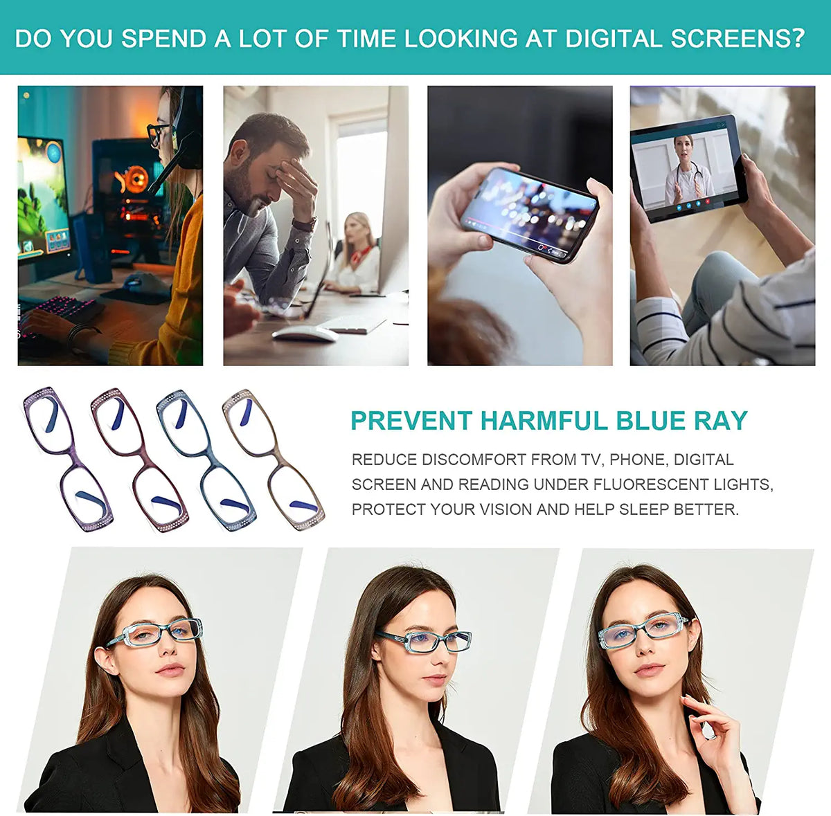 4-Pack Fashion Full-Rim Blue-Light Readers for Women - product photo 6
