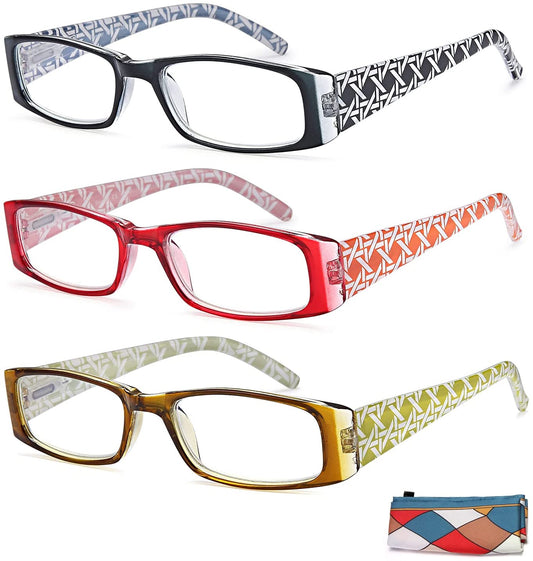 EYEURL 3 Pack Reading Glasses for Women - Blue Light Blocking, Fashion Computer Readers with Spring Hinge, Colorful Pattern in Red/Black/Yellow, 2.0 Magnification