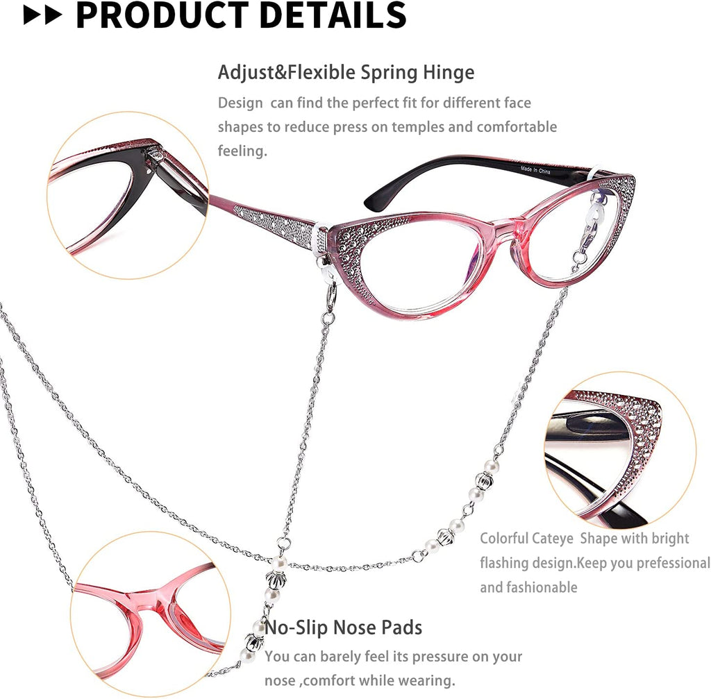 EYEURL Cat Eye Reading Glasses for Women - 3 Pack Blue Light Blocking Ladies Computer Readers with Spring Hinges, Lightweight Anti-Eyestrain Eyeglasses
