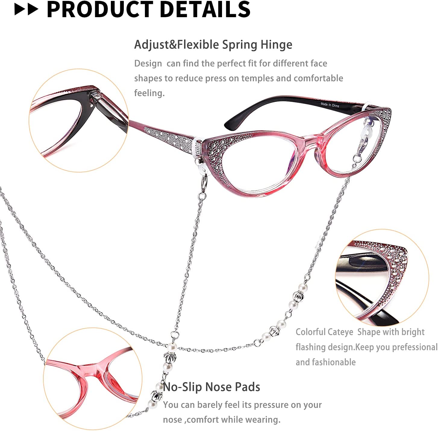 EYEURL Cat Eye Reading Glasses for Women - 3 Pack Blue Light Blocking Ladies Computer Readers with Spring Hinges, Lightweight Anti-Eyestrain Eyeglasses