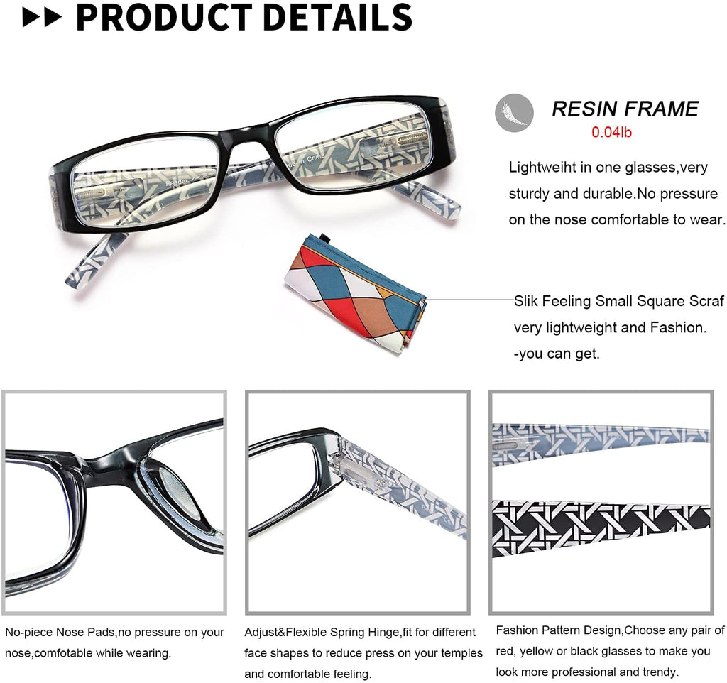 EYEURL 3 Pack Reading Glasses for Women - Blue Light Blocking, Fashion Computer Readers with Spring Hinge, Colorful Pattern in Red/Black/Yellow, 2.0 Magnification