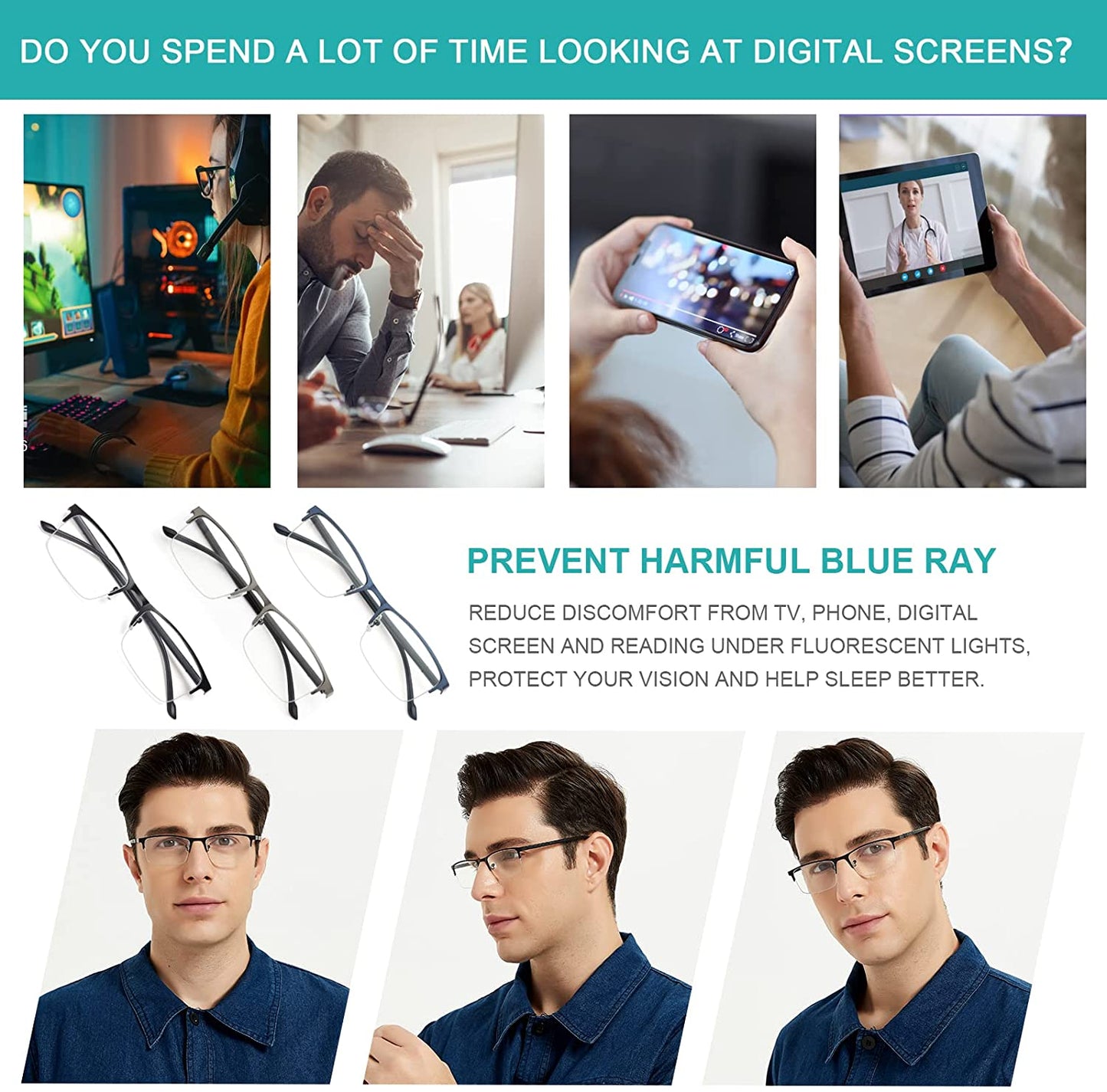 EYEURL 3 Pack Reading Glasses for Men and Women, Rectangular Metal Half Frame Blue Light Blocking Readers Anti Eyestrain