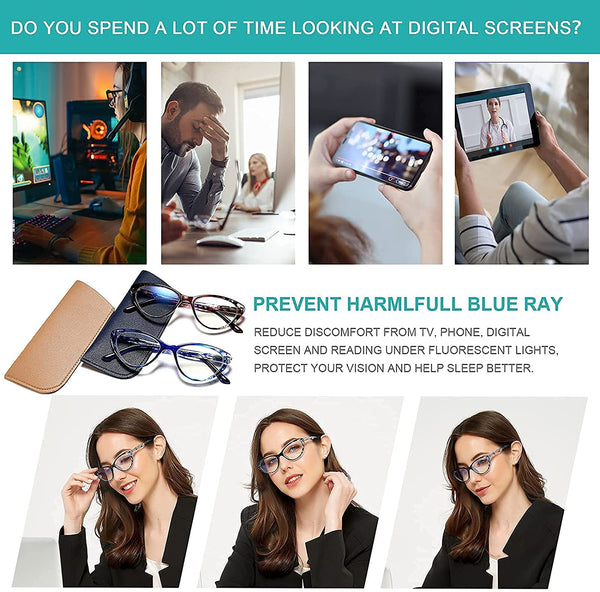 EYEURL 2 Pack Cat Eye Reading Glasses for Women - 1.25 Blue Light Blocking Computer Readers with Spring Hinge, Ultra-Light Pattern Design Eyeglasses