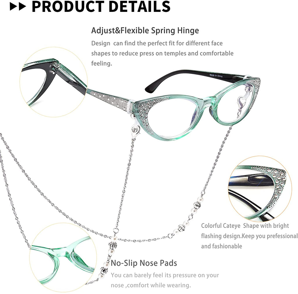 Cat Eye Reading Glasses Women Blue Light Blocking -EYEURL 3 Pack Computer Readers Spring Hinge Lightweight Frames