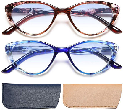 EYEURL 2 Pack Cat Eye Reading Glasses for Women - 1.25 Magnification, Blue Light Blocking Computer Readers, Ultra-Light with Spring Hinge, Stylish Pattern Design