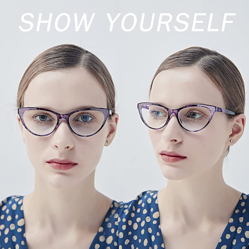 Reading Glasses Women Cateye 2 Pair Computer Blue Light Blocking Glasses Readers Ultra Lightweight Eyeglasses Reduce Eye Fatigue