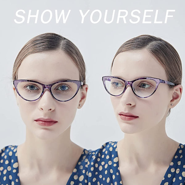 Reading Glasses Women Cateye 2 Pair Computer Blue Light Blocking Glasses Readers Ultra Lightweight Eyeglasses Reduce Eye Fatigue