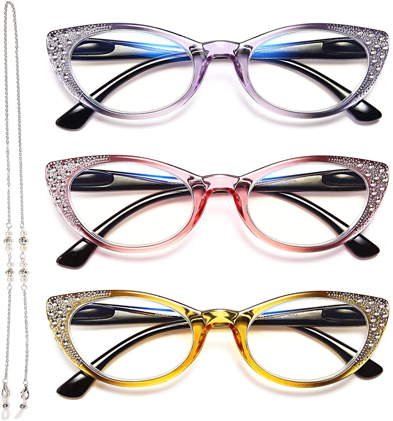 EYEURL Cat Eye Reading Glasses for Women - 3 Pack Blue Light Blocking Ladies Computer Readers with Spring Hinges, Lightweight Anti-Eyestrain Eyeglasses Main image