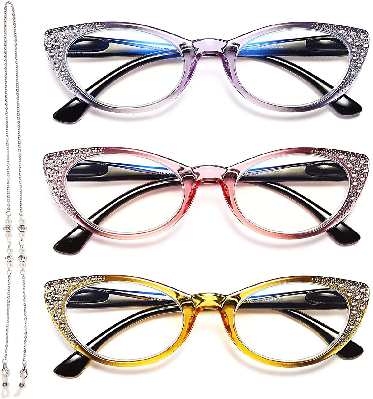 3-Pack Cat-Eye Blue-Light Readers for Women – Purple & Pink - product photo 7