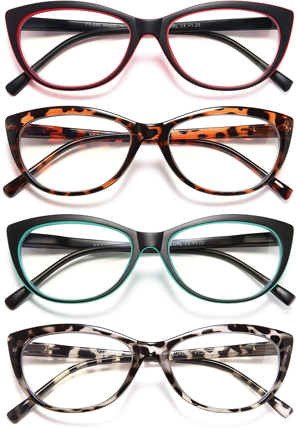 EYEURL 4 Pack Cat Eye Reading Glasses for Women, Blue Light Blocking Readers Lightweight Spring Hinge Fashion Eyeglasses