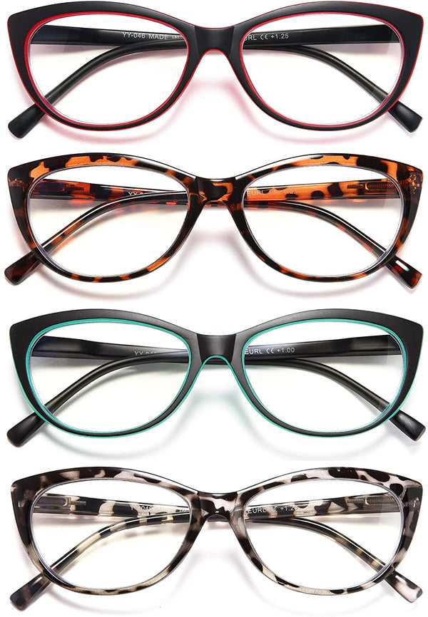 EYEURL 4 Pack Cat Eye Reading Glasses for Women, Blue Light Blocking Readers Lightweight Spring Hinge Fashion Eyeglasses