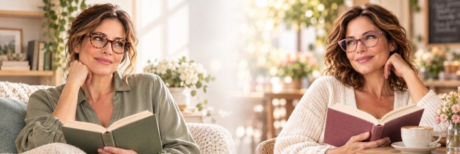 Women wearing stylish EYEURL reading glasses while reading at home and in a cafe